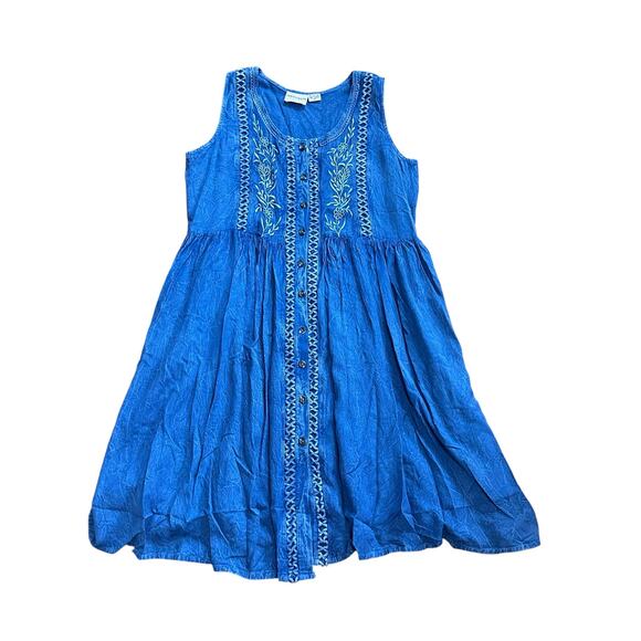 raya sun Women's Rayon Blend Sundress Blue Embroidered Button Front Size M - Picture 2 of 7